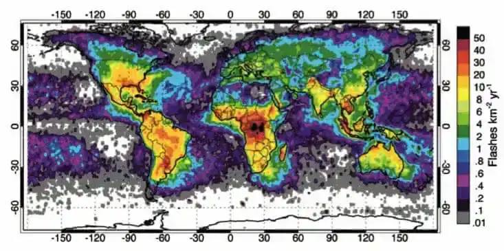 Figure 1: Worldwide density of lightning strikes